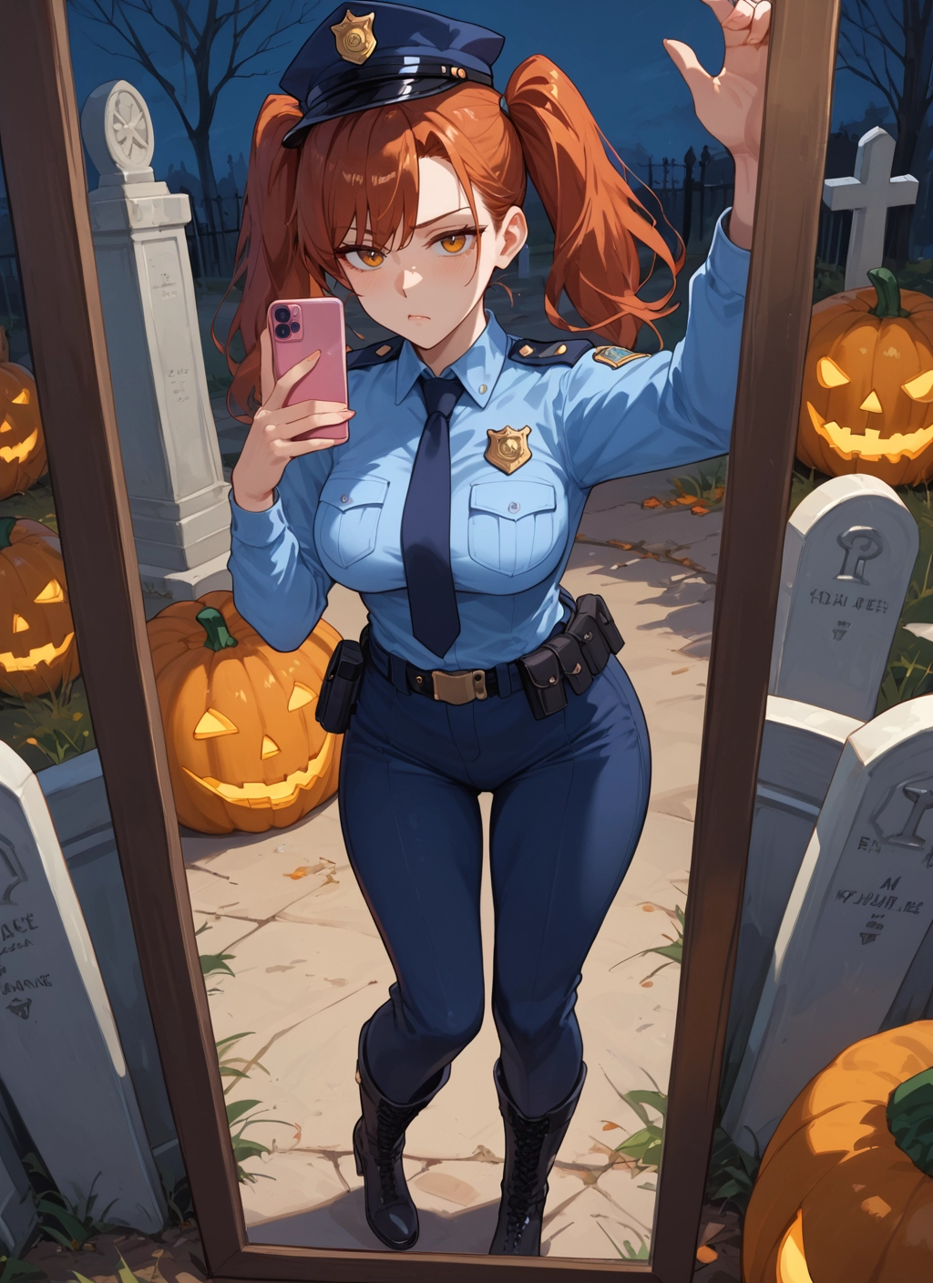 1girl, twintails, phone, necktie, police, police uniform · Yamete.gg