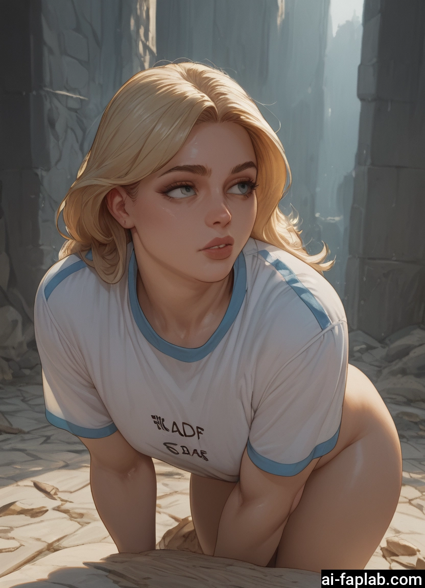 1girl, blonde hair, solo, bottomless, blue eyes, shirt · Yamete.gg