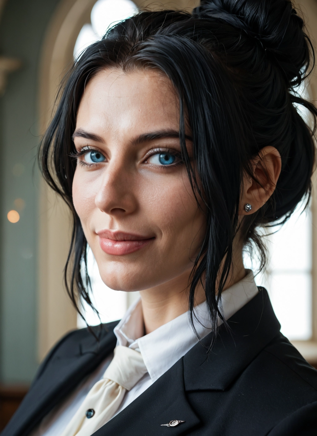solo, 1girl, jewelry, blue eyes, earrings, black hair · Yamete.gg