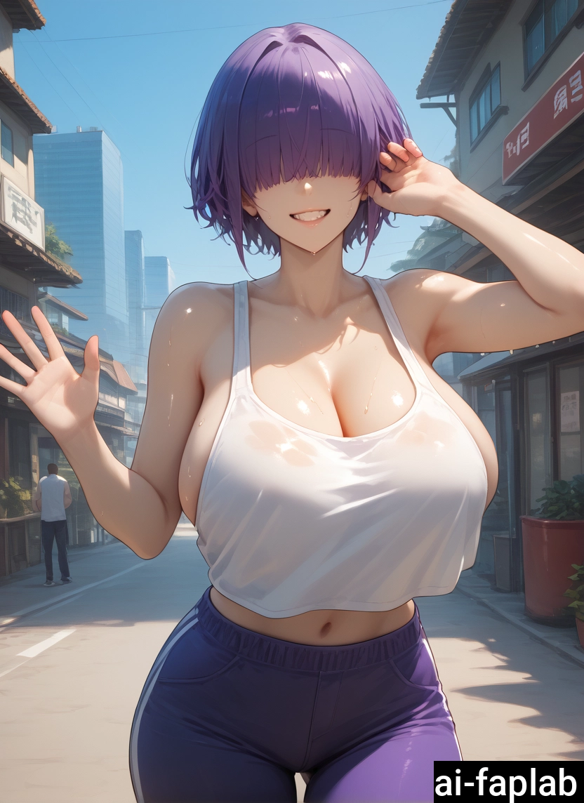 breasts, 1girl, smile, navel, short hair, pants · Yamete.gg