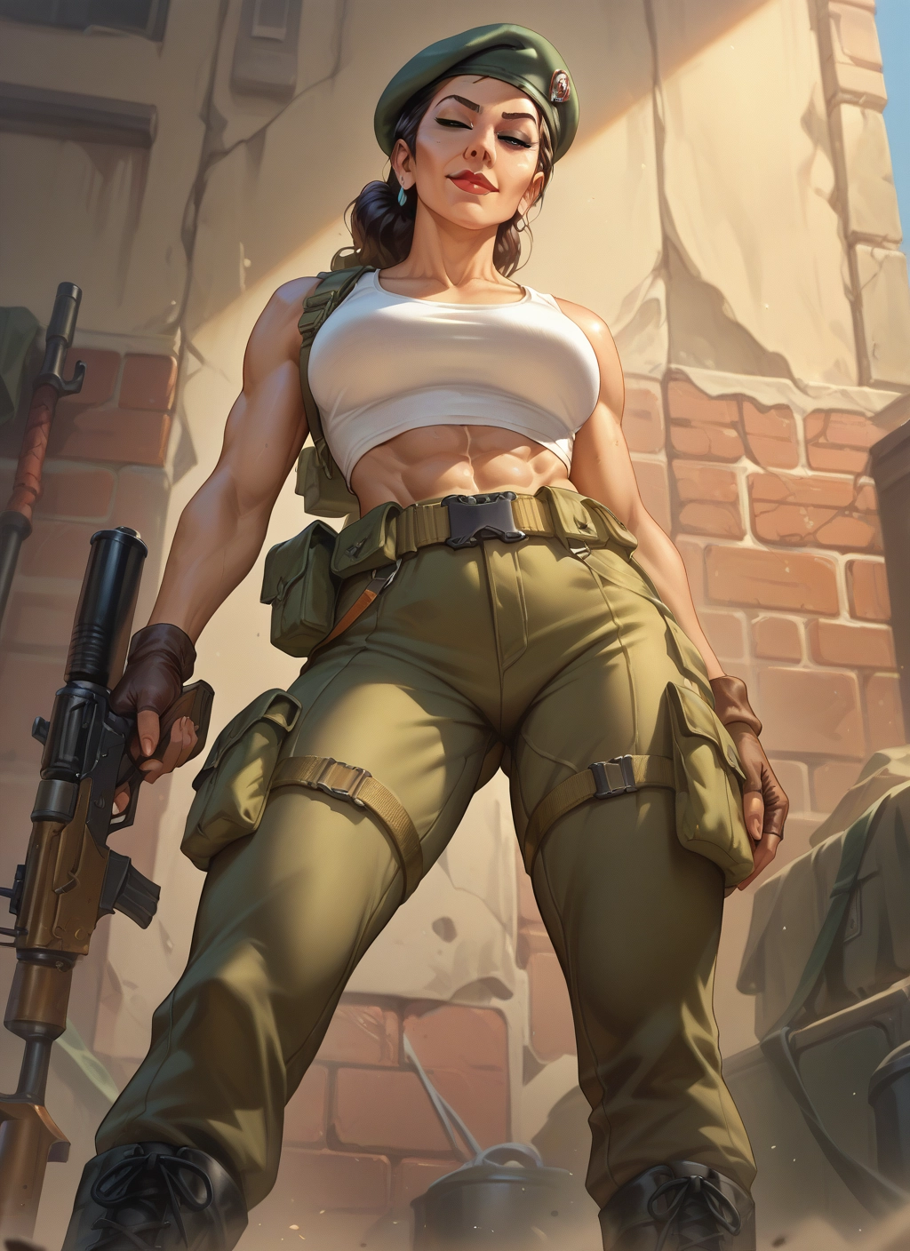 1girl, weapon, gun, gloves, abs, hat · Yamete.gg