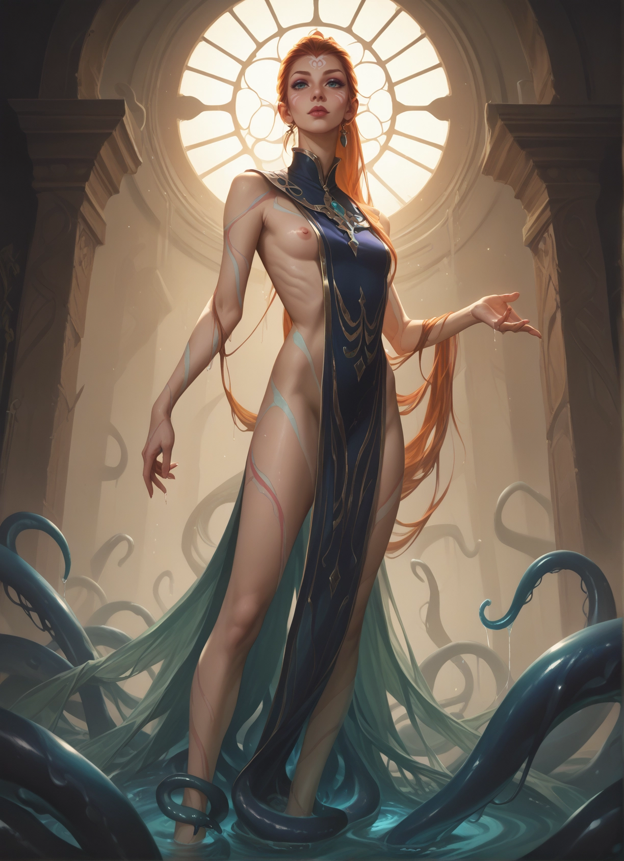 1girl, long hair, breasts, nipples, tentacles, solo · Yamete.gg