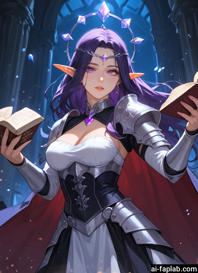 1girl, breasts, purple hair, book, pointy ears, solo · Yamete.gg