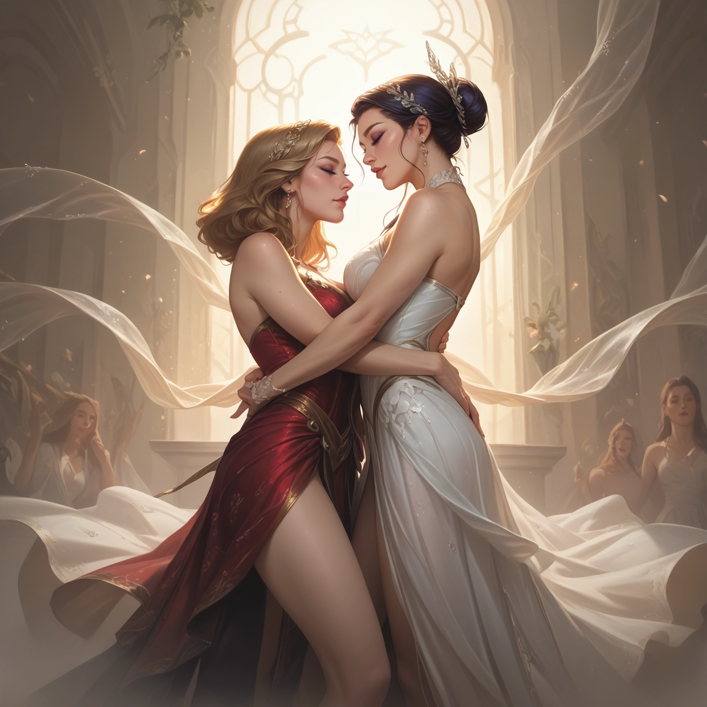 dress, multiple girls, blonde hair, jewelry, breasts, red dress · Yamete.gg
