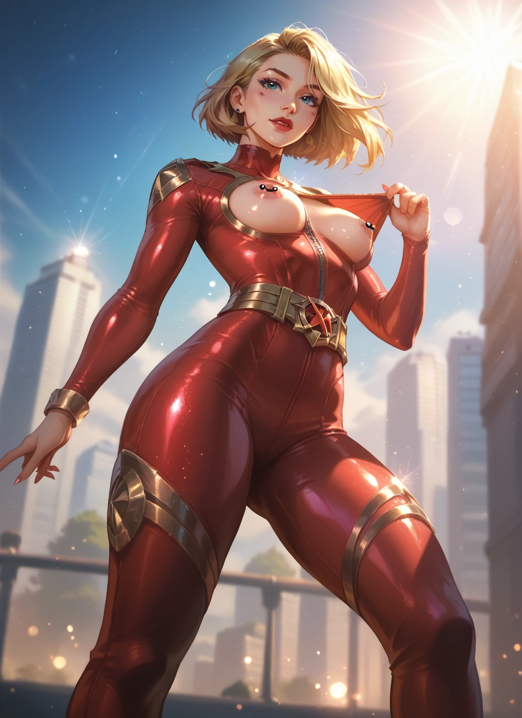 1girl, breasts, blonde hair, solo, bodysuit, nipple piercing · Yamete.gg