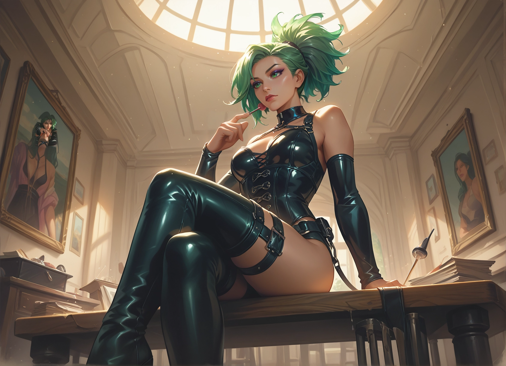 green hair, breasts, thighhighs, green eyes, crossed legs, sitting · Yamete.gg