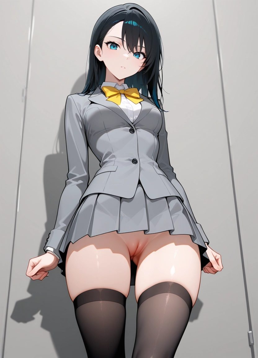 1girl, thighhighs, pussy, skirt, solo, blue eyes