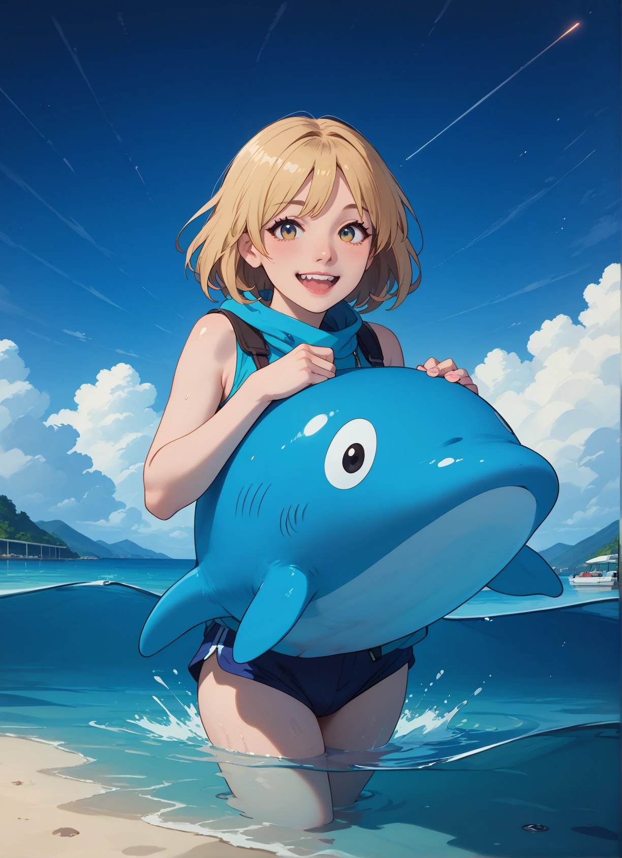 1girl, open mouth, smile, shorts, sky, short hair · Yamete.gg
