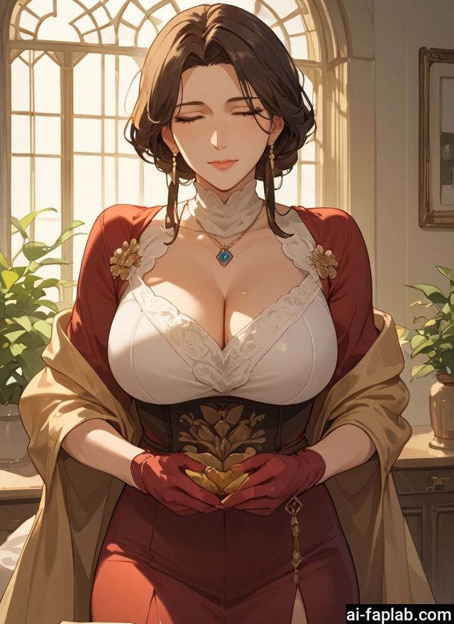 1girl, breasts, gloves, cleavage, closed eyes, large breasts