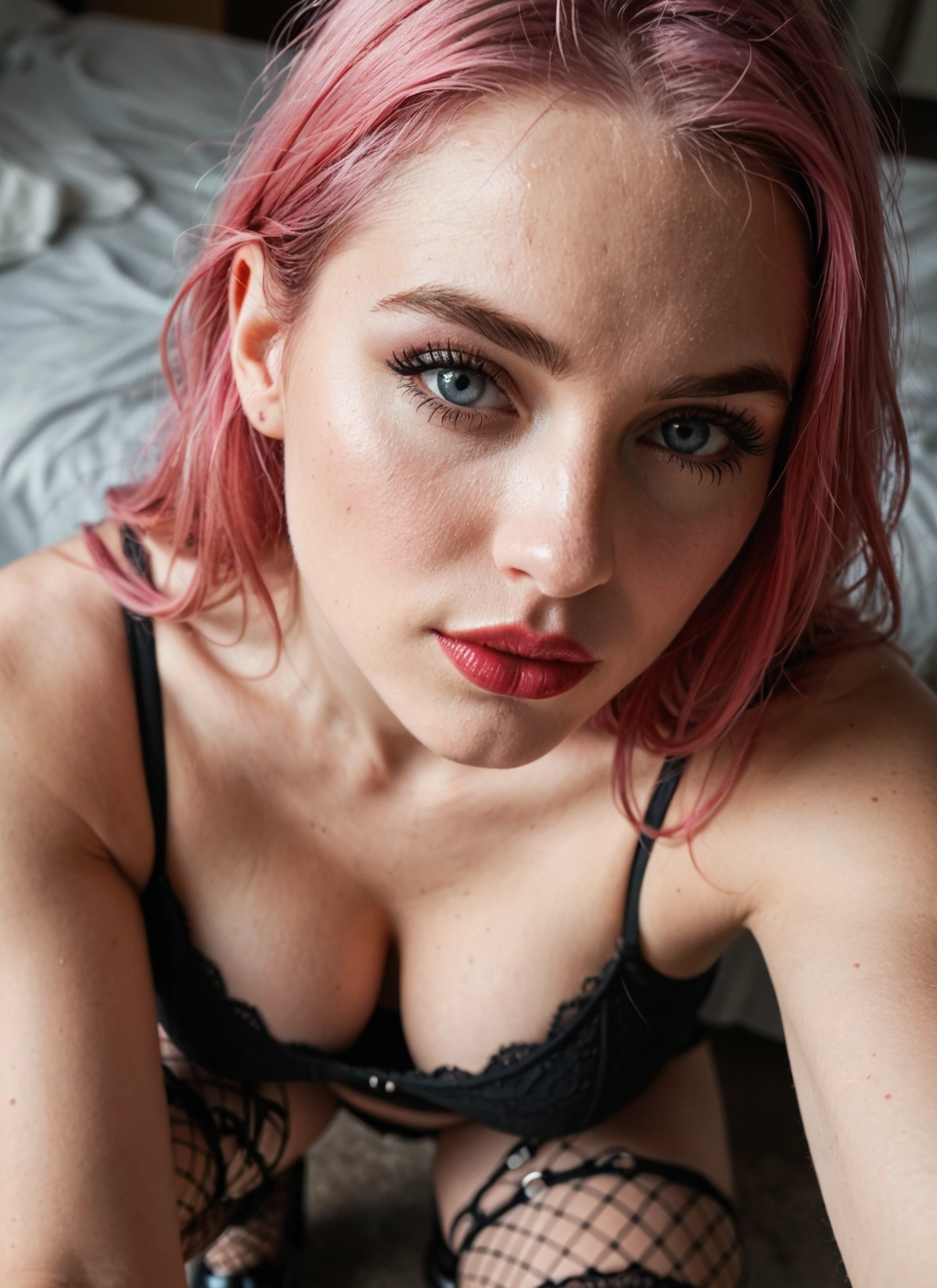 1girl, solo, photo (medium), underwear, pink hair, bra · Yamete.gg