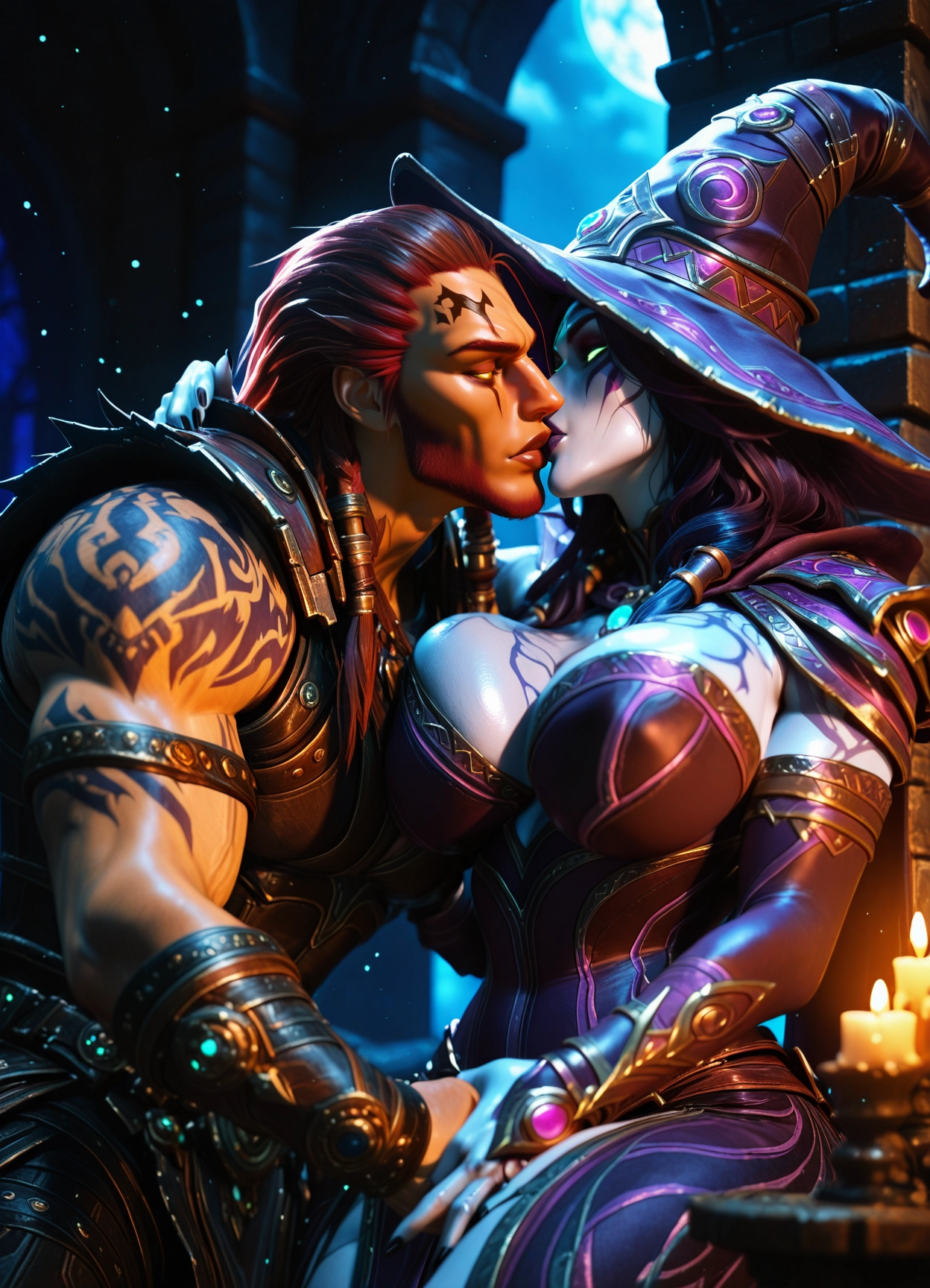 breasts, hat, tattoo, 1boy, kiss, witch hat · Yamete.gg