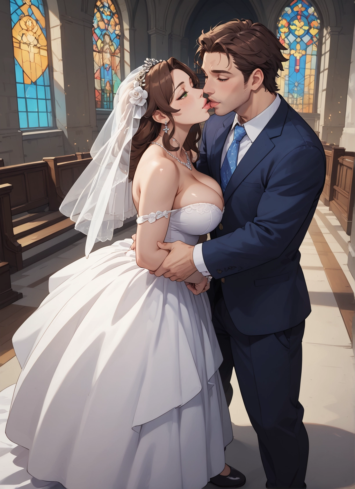 1girl, breasts, dress, 1boy, brown hair, wedding dress · Yamete.gg