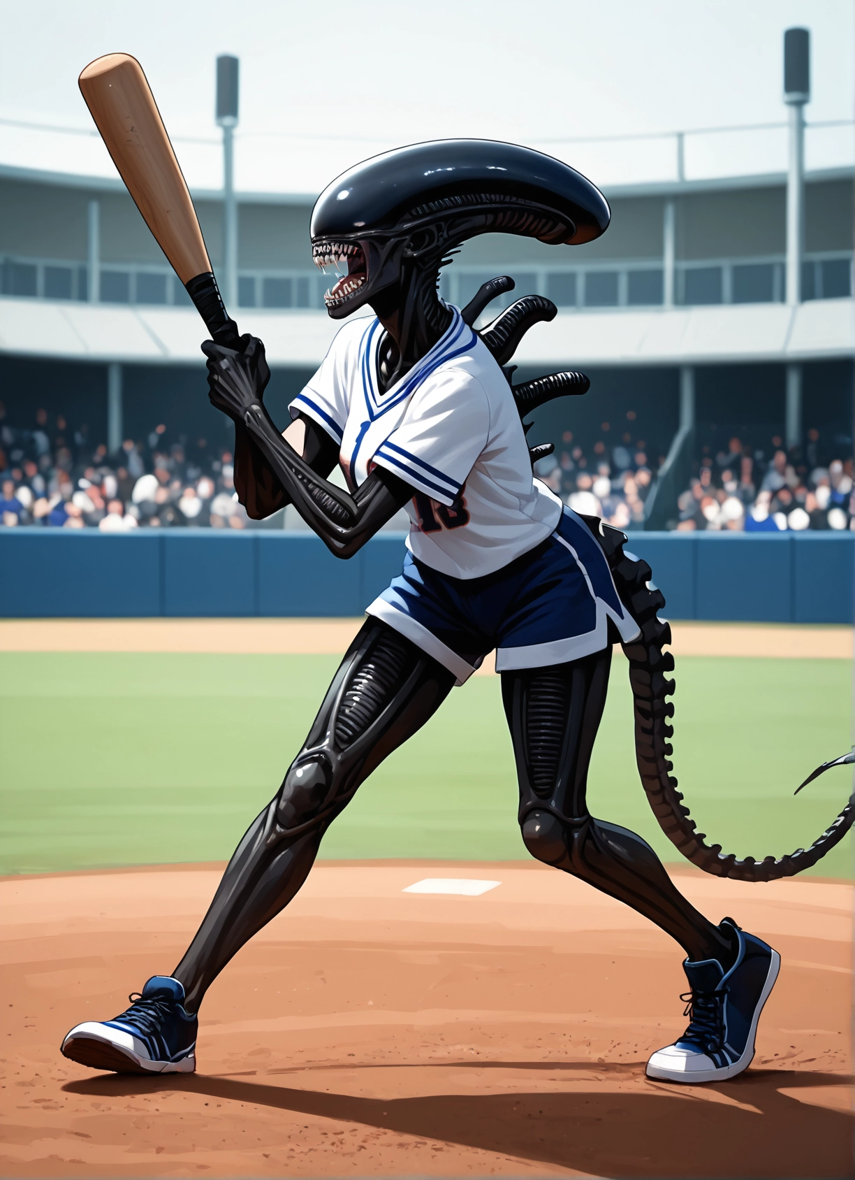 shorts, baseball bat, 1girl, tail, shoes, teeth · Yamete.gg
