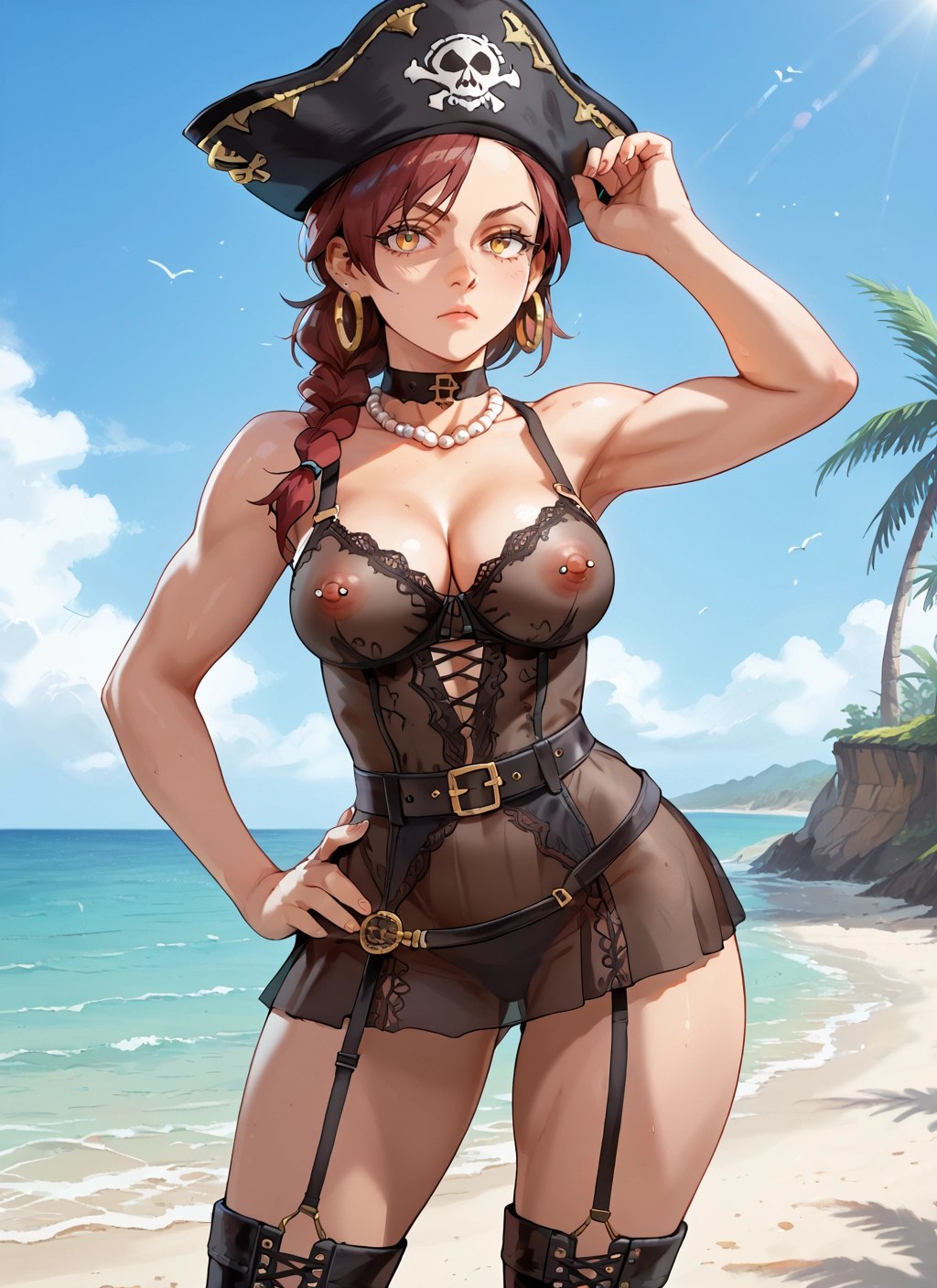 1girl, breasts, nipple piercing, hat, beach, jewelry · Yamete.gg