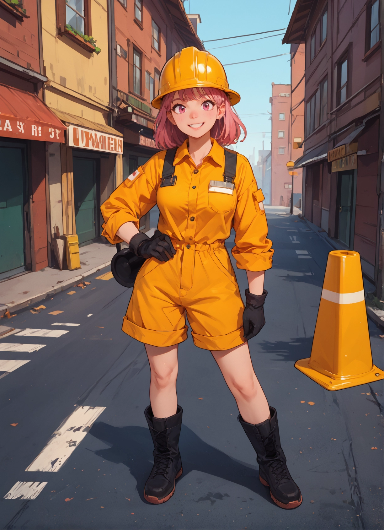 1girl, gloves, smile, pink hair, solo, boots · Yamete.gg