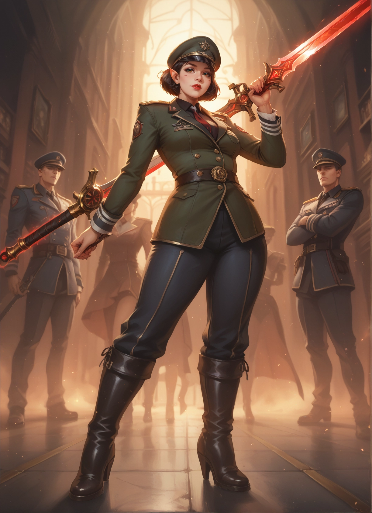 weapon, 1girl, sword, uniform, boots, hat · Yamete.gg