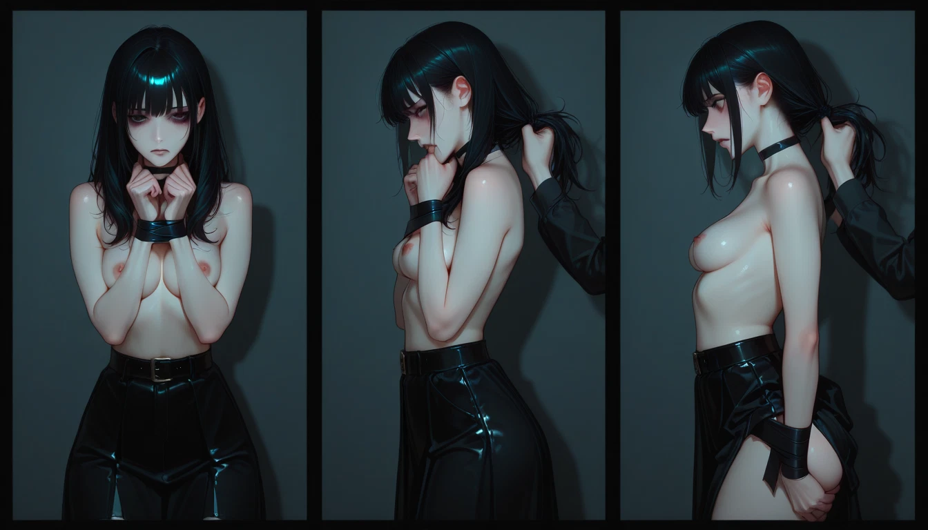 breasts, 1girl, topless, black hair, nipples, bound wrists