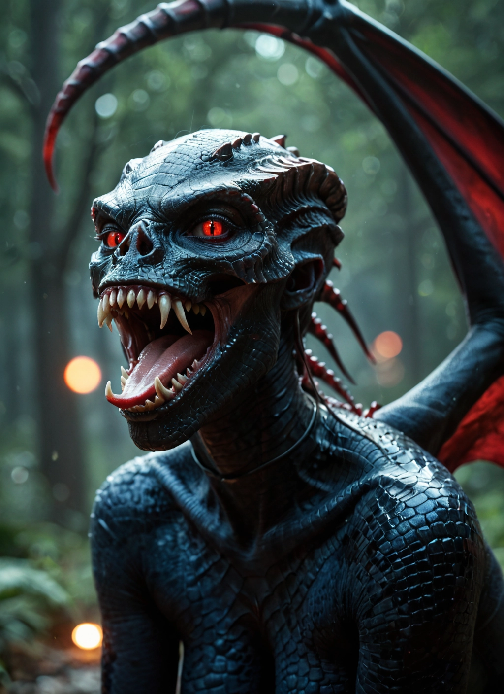 red eyes, wings, tongue, open mouth, teeth, solo · Yamete.gg