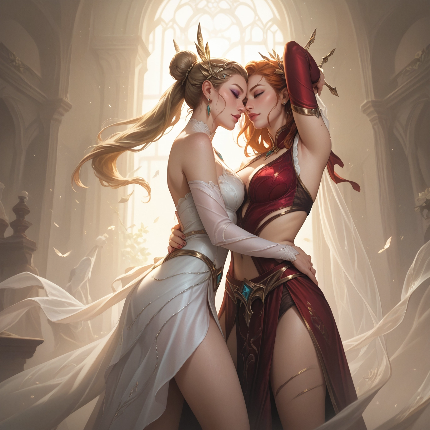 multiple girls, 2girls, breasts, dress, blonde hair, yuri · Yamete.gg