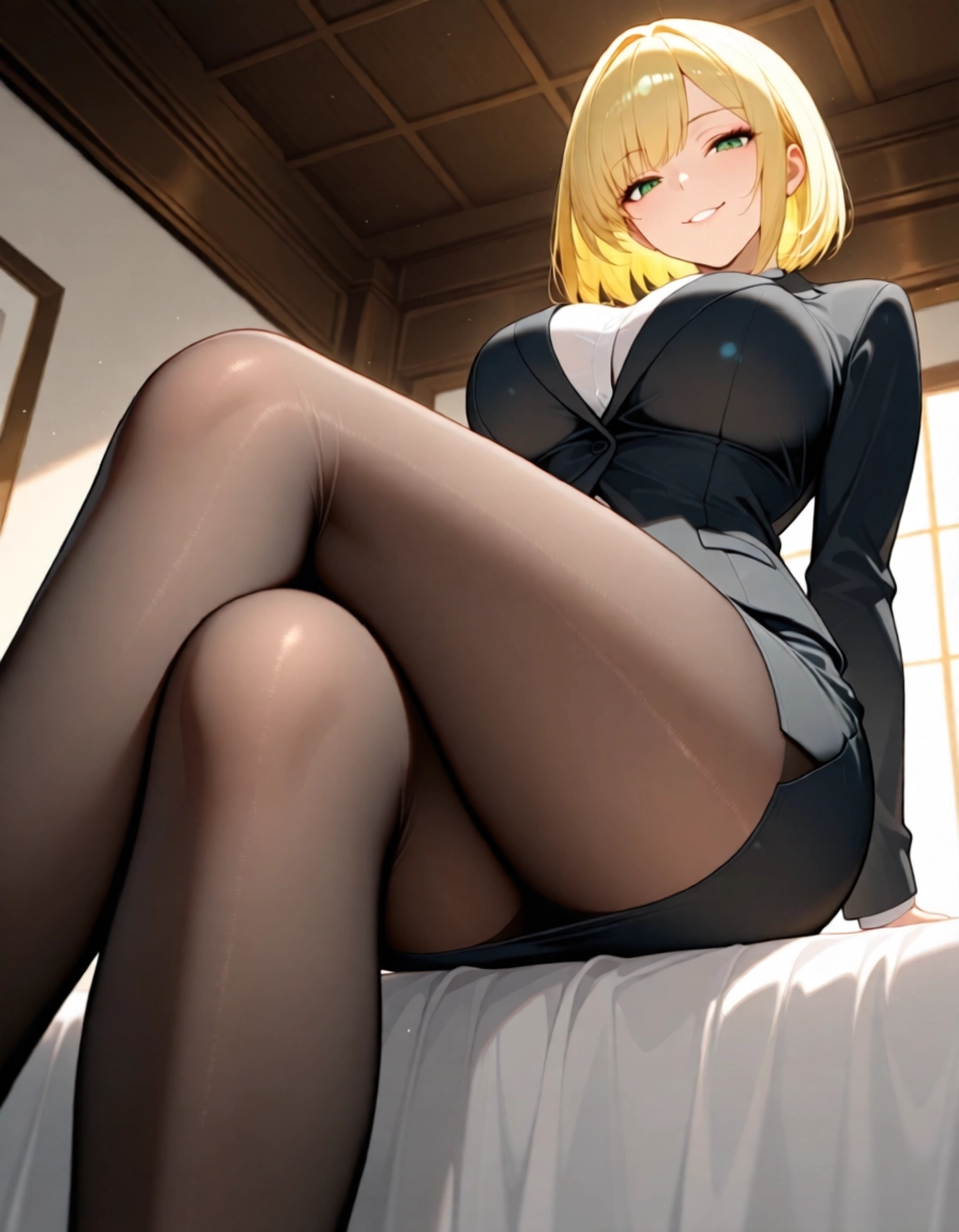 1girl, breasts, blonde hair, solo, pantyhose, green eyes · Yamete.gg