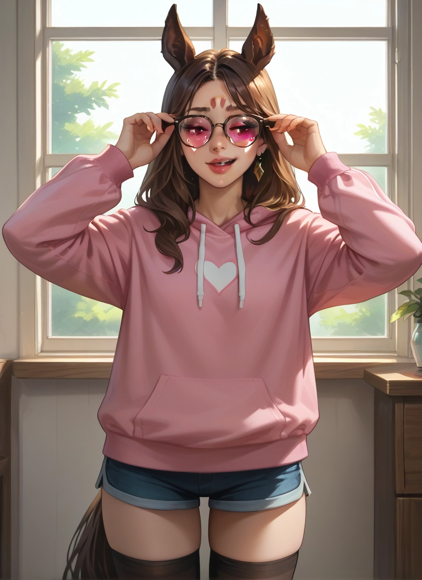 1girl, animal ears, solo, glasses, brown hair, shorts