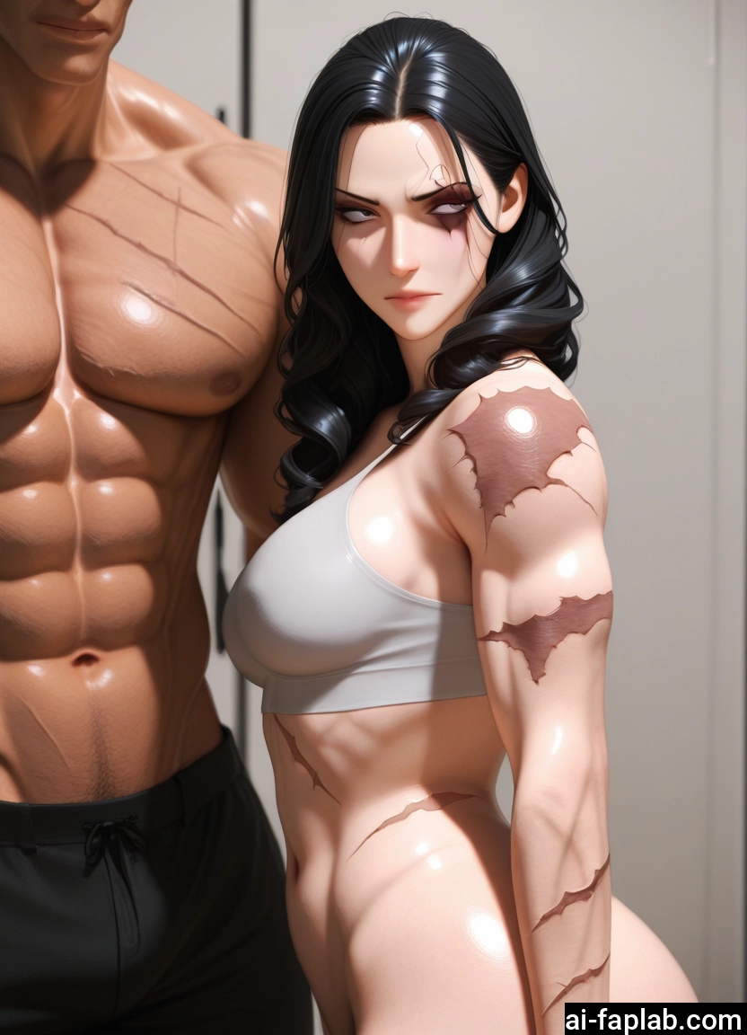 1girl, 1boy, black hair, scar, breasts, abs