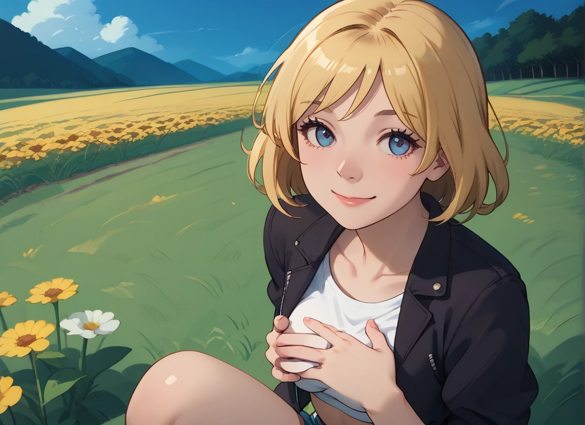 1girl, flower, solo, blue eyes, blonde hair, jacket · Yamete.gg