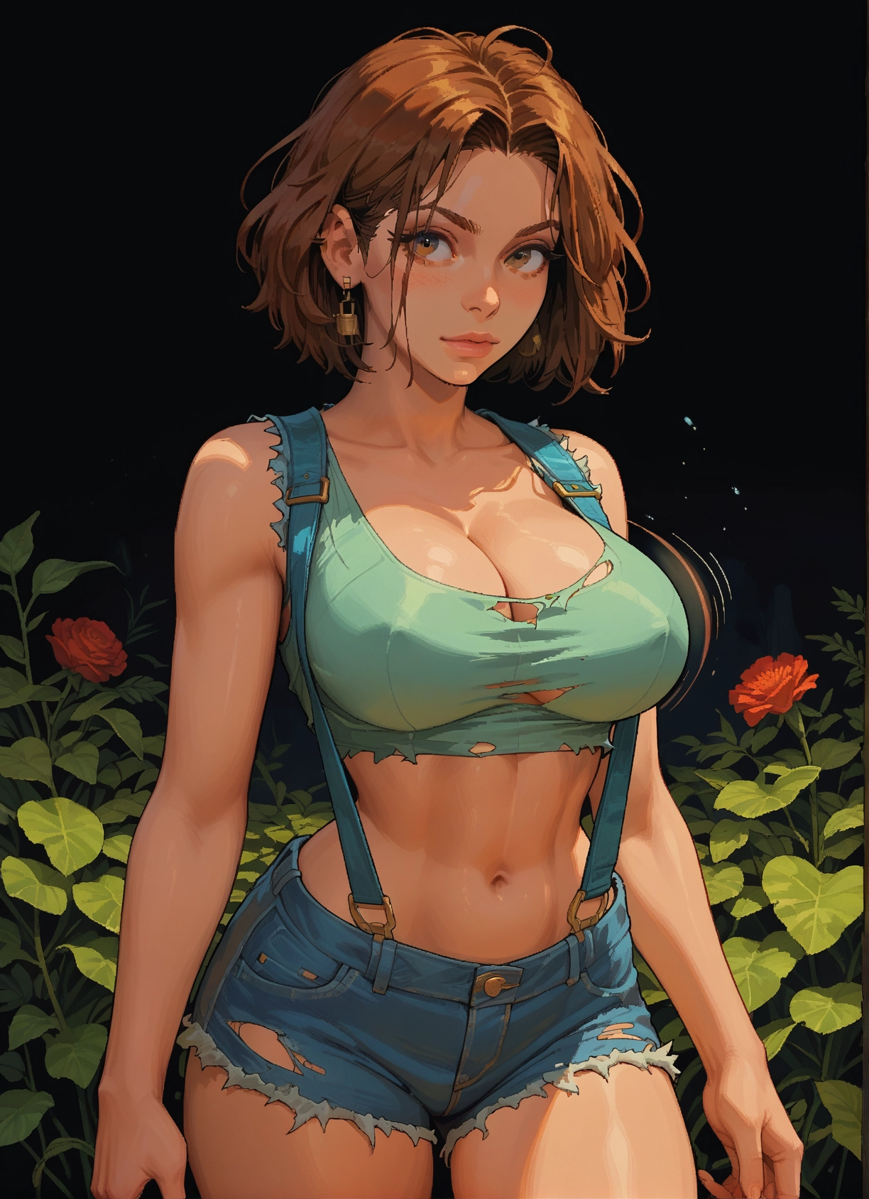 breasts, 1girl, navel, earrings, jewelry, large breasts · Yamete.gg