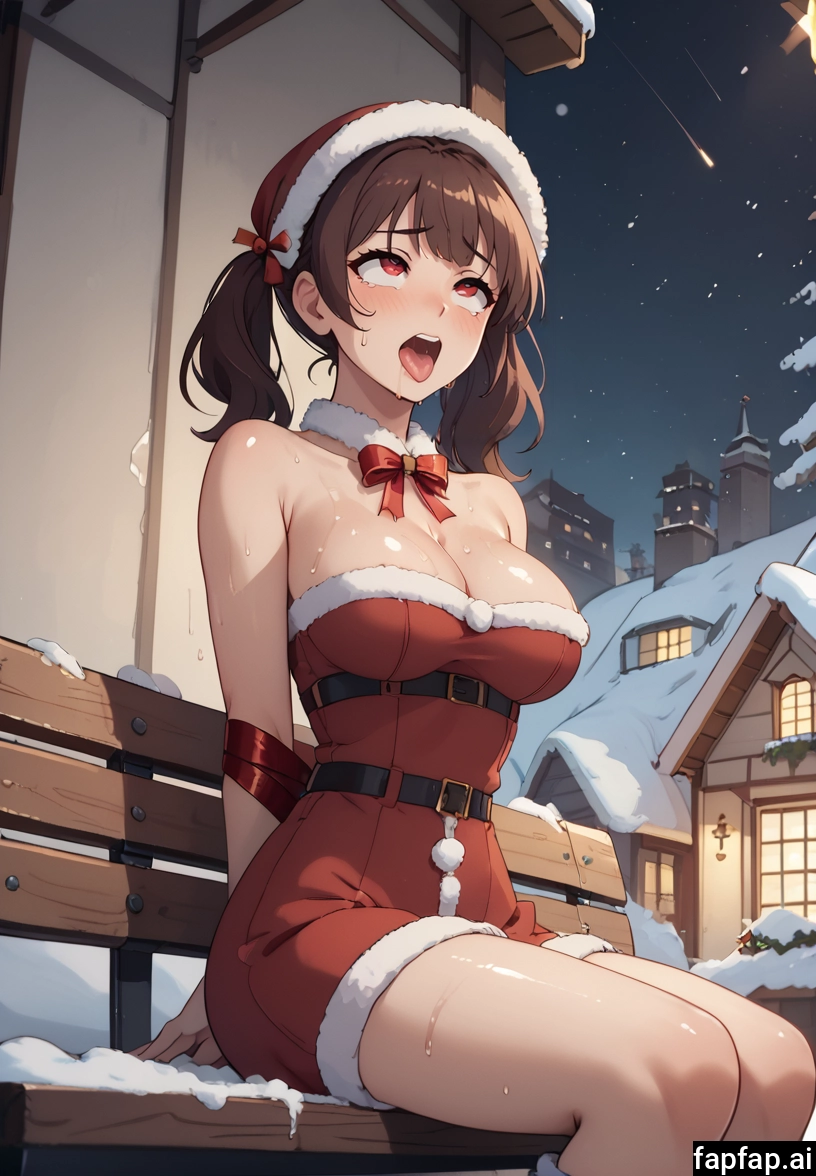 1girl, breasts, brown hair, santa hat, hat, solo · Yamete.gg