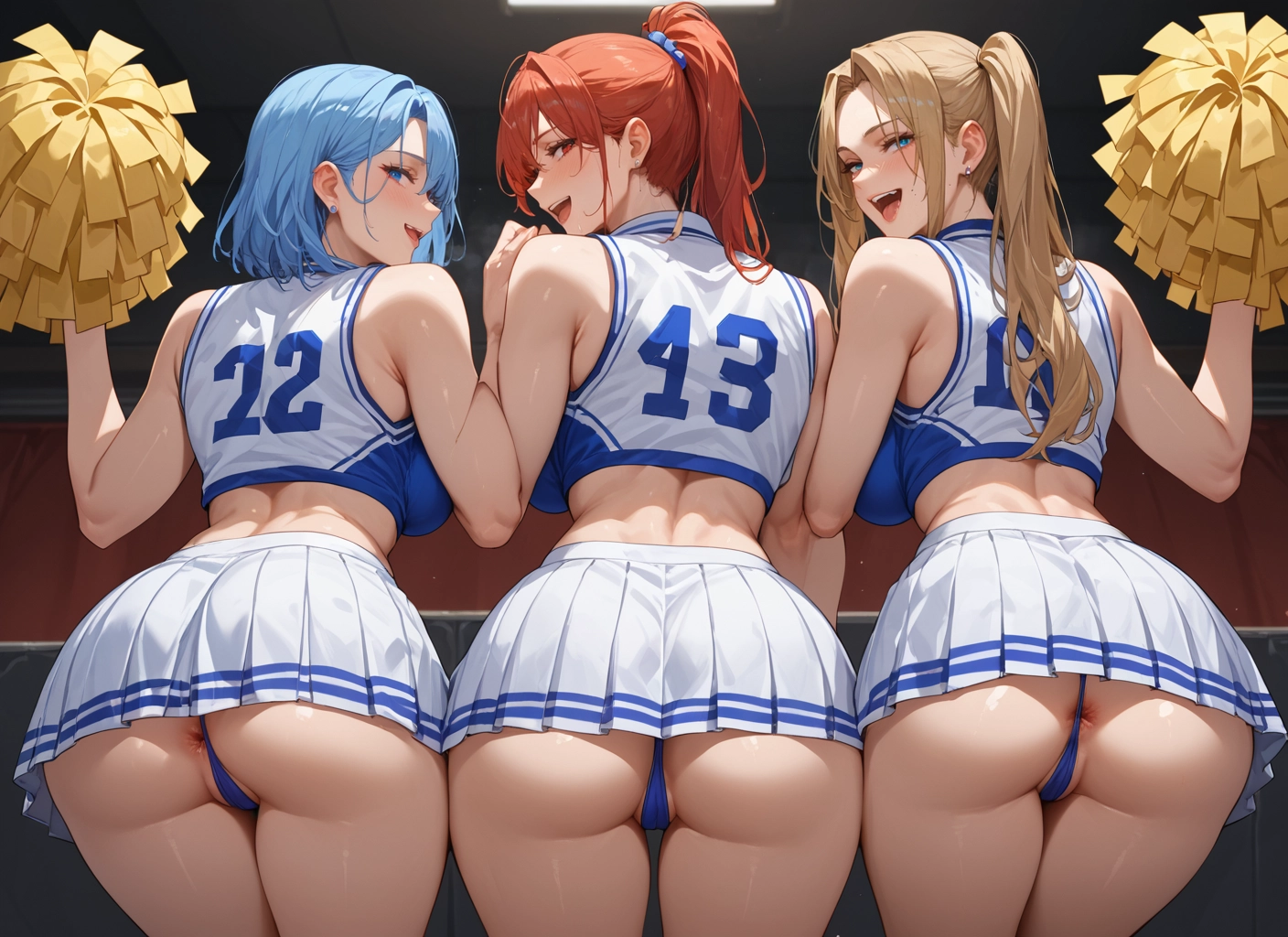 ass, multiple girls, pom pom (cheerleading), cheerleader, breasts, 3girls · Yamete.gg