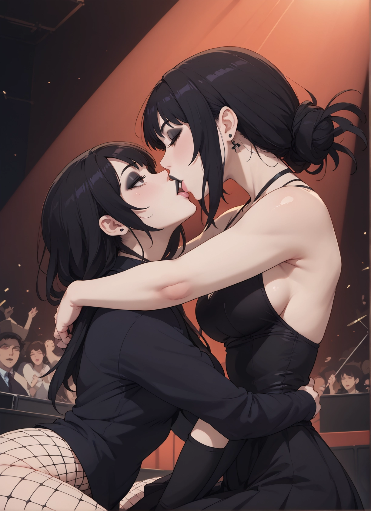 breasts, jewelry, fishnets, multiple girls, earrings, dress · Yamete.gg