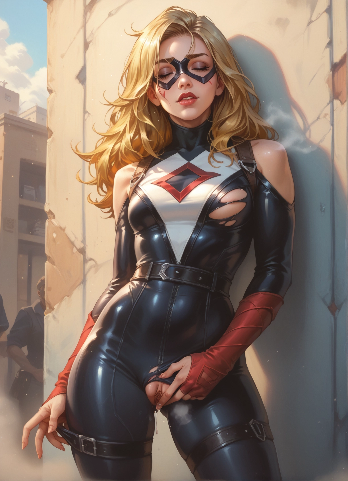 blonde hair, 1girl, pussy, bodysuit, mask, torn clothes · Yamete.gg