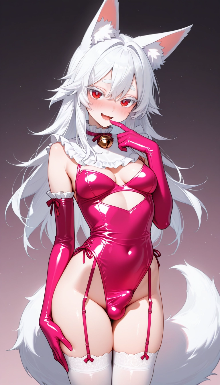 thighhighs, gloves, solo, tail, leotard, white hair