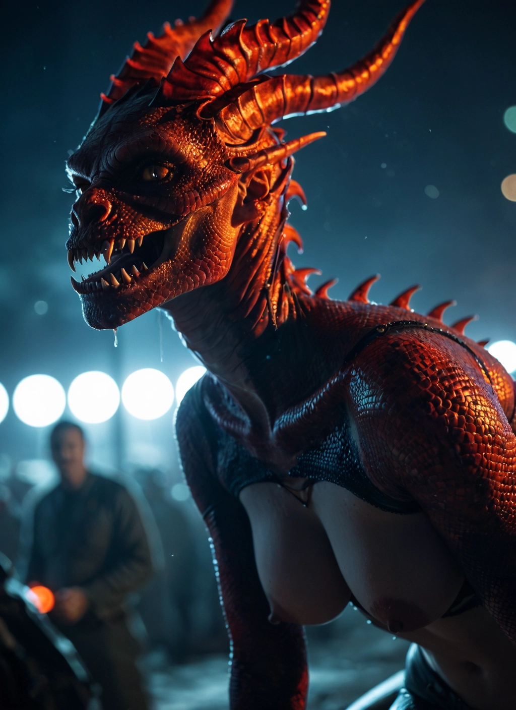 breasts, 1girl, nipples, horns, teeth, sharp teeth · Yamete.gg