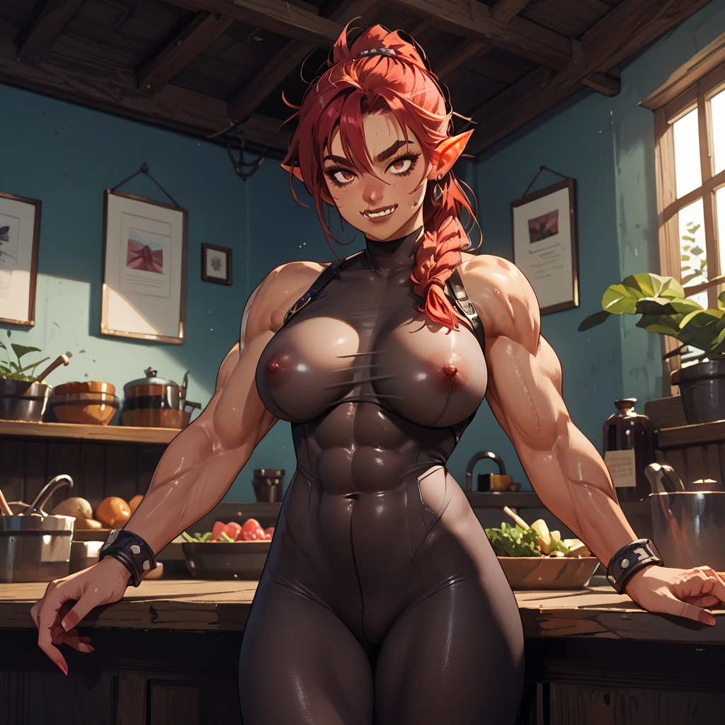 1girl, pointy ears, breasts, muscular, muscular female, jewelry · Yamete.gg