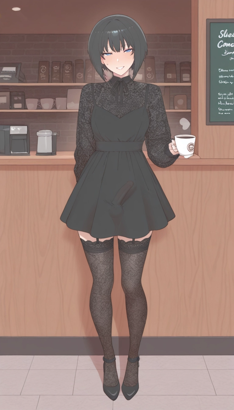 solo, 1girl, thighhighs, cup, black hair, blue eyes