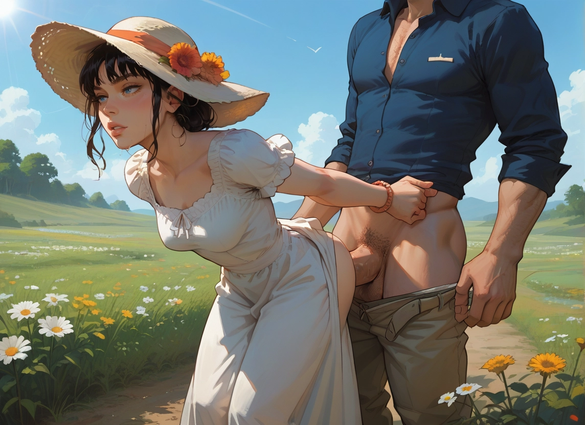 1girl, 1boy, outdoors, flower, hat, hetero · Yamete.gg