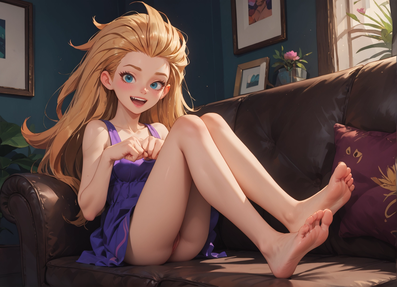 1girl, barefoot, feet, long hair, blonde hair, soles · Yamete.gg