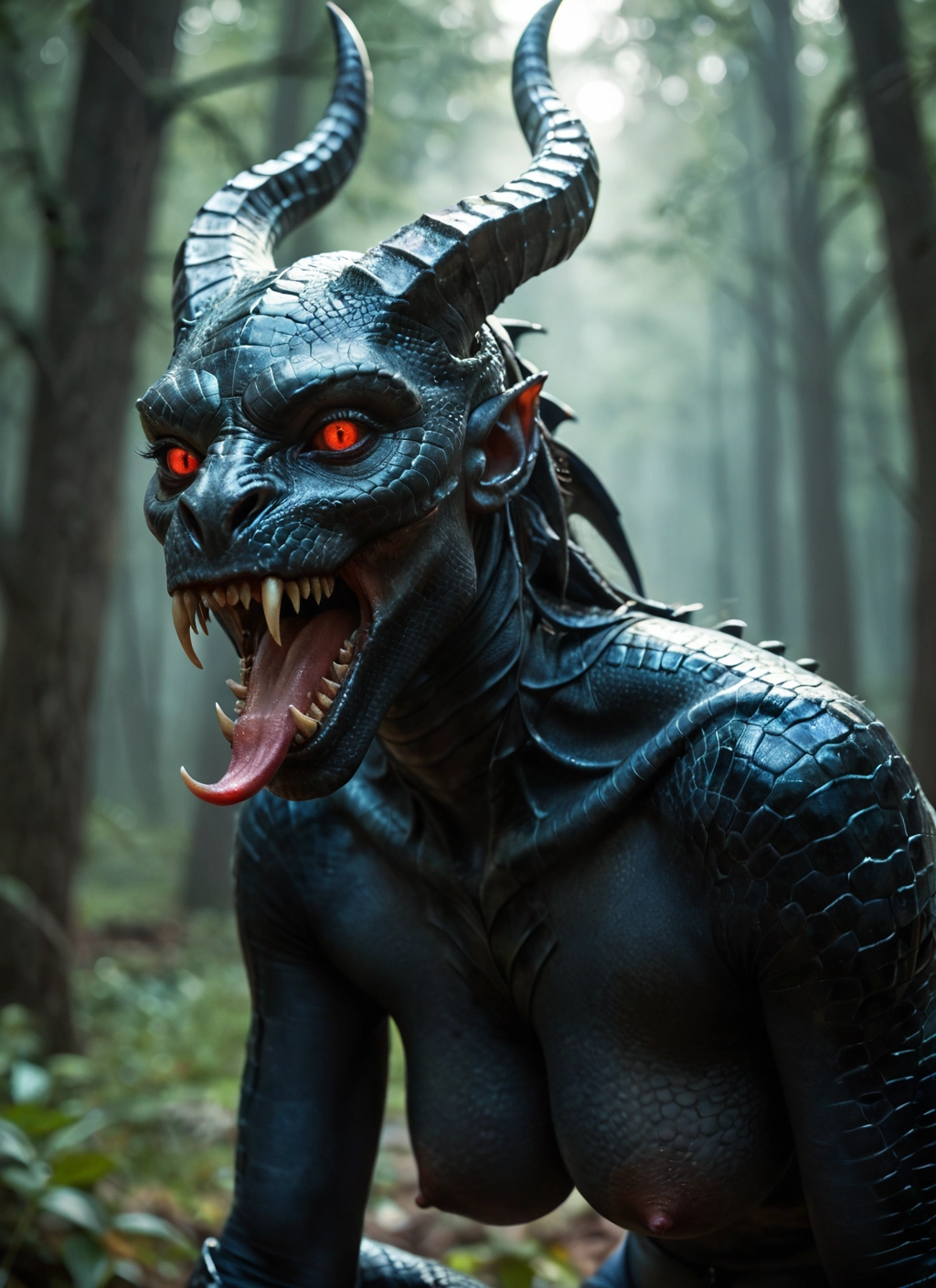 1girl, breasts, nipples, tongue, horns, solo · Yamete.gg