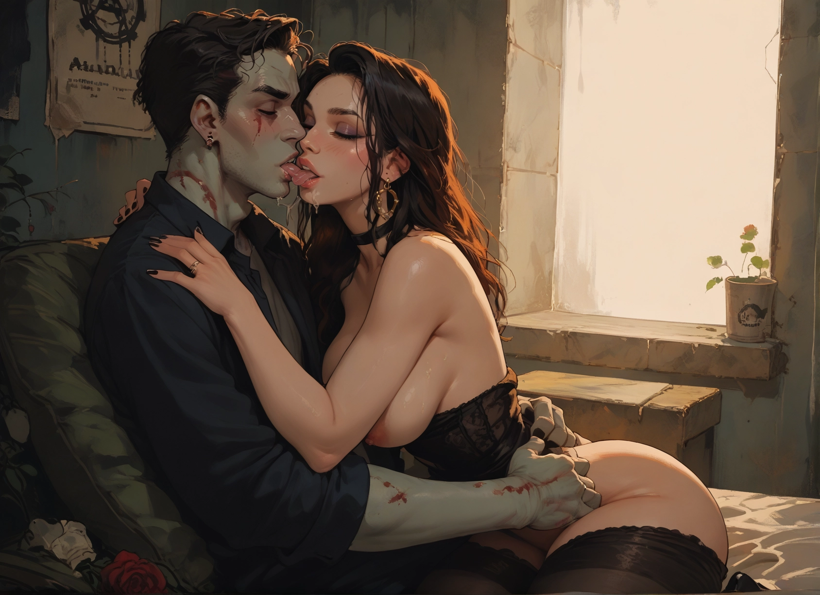 1girl, 1boy, breasts, jewelry, nipples, kiss · Yamete.gg