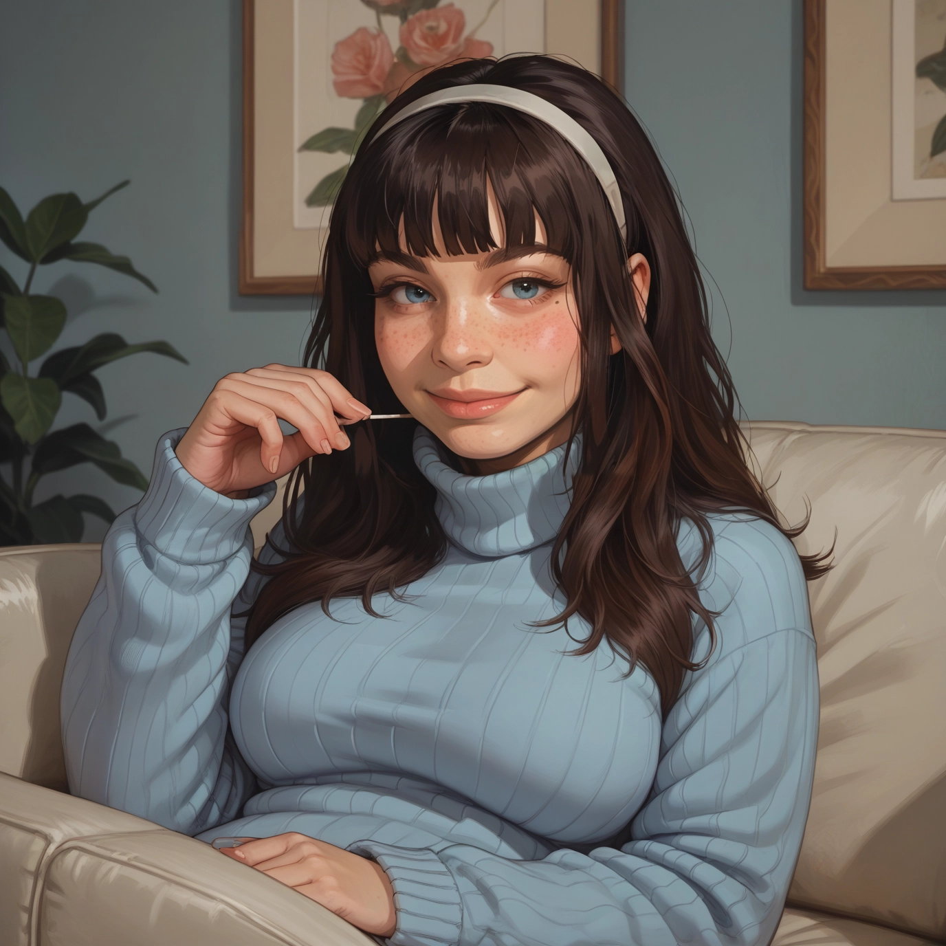 1girl, solo, sweater, freckles, blue eyes, brown hair · Yamete.gg