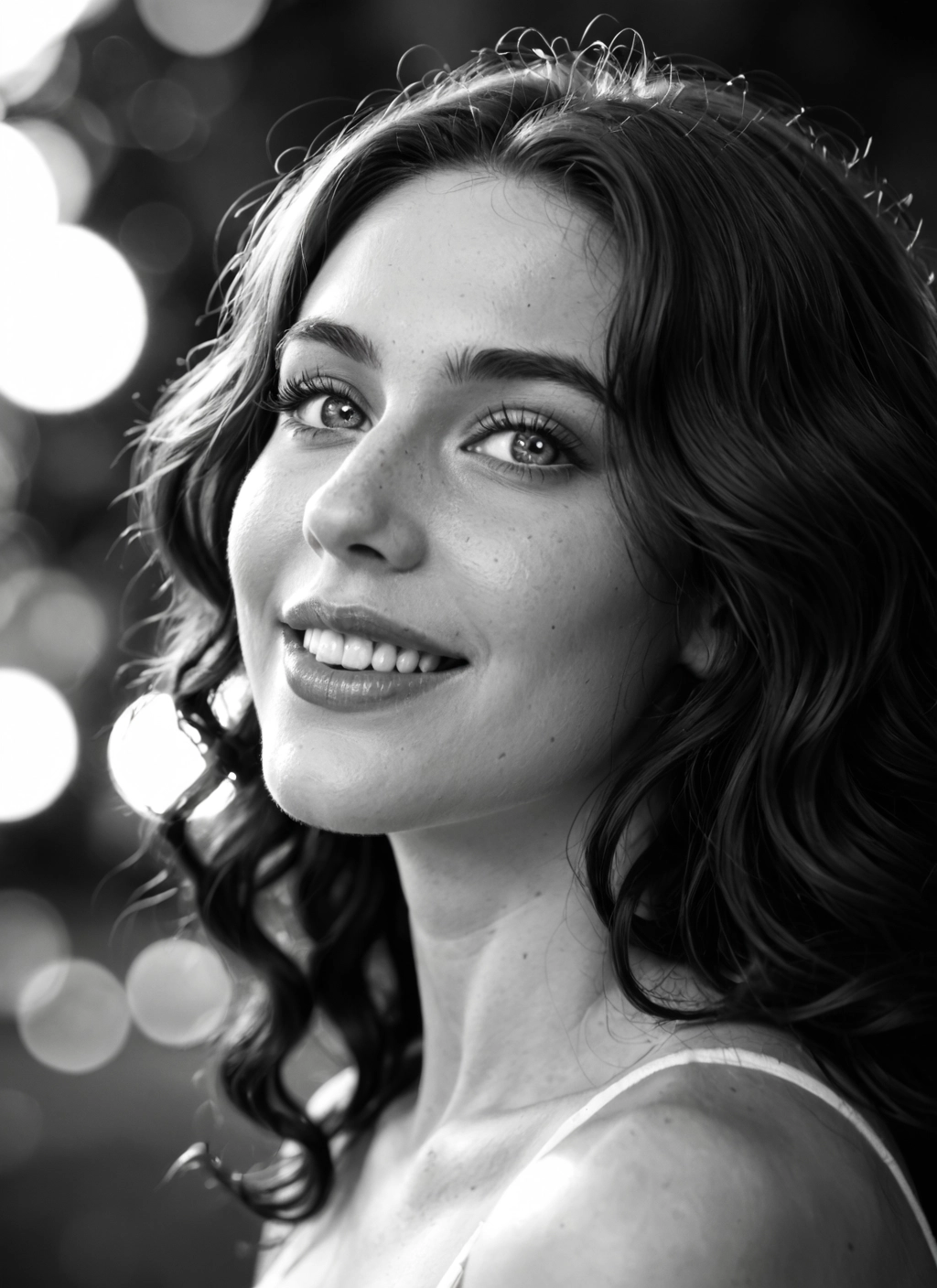 1girl, greyscale, monochrome, solo, smile, freckles · Yamete.gg