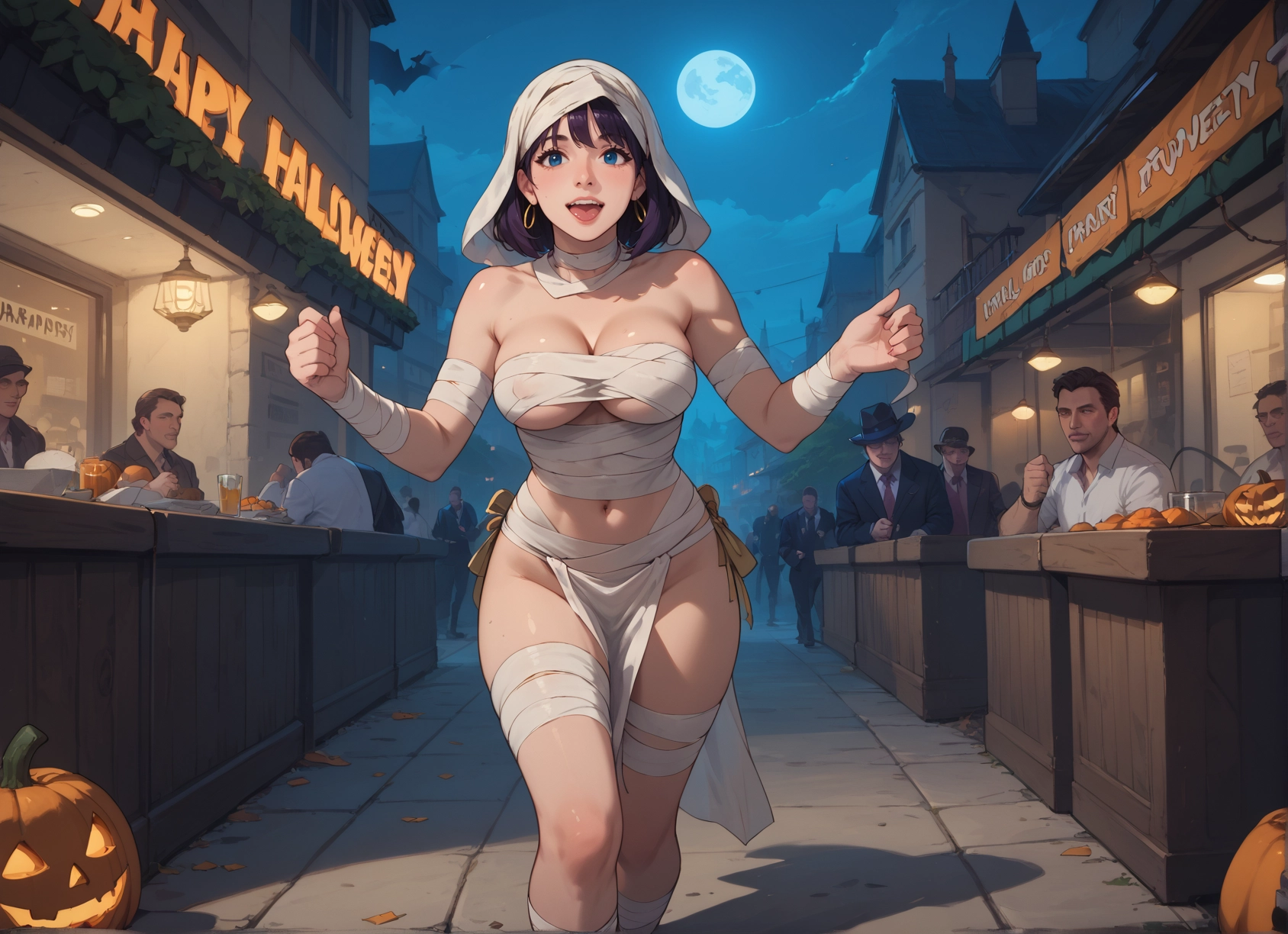 breasts, blue eyes, moon, jewelry, earrings, multiple boys · Yamete.gg