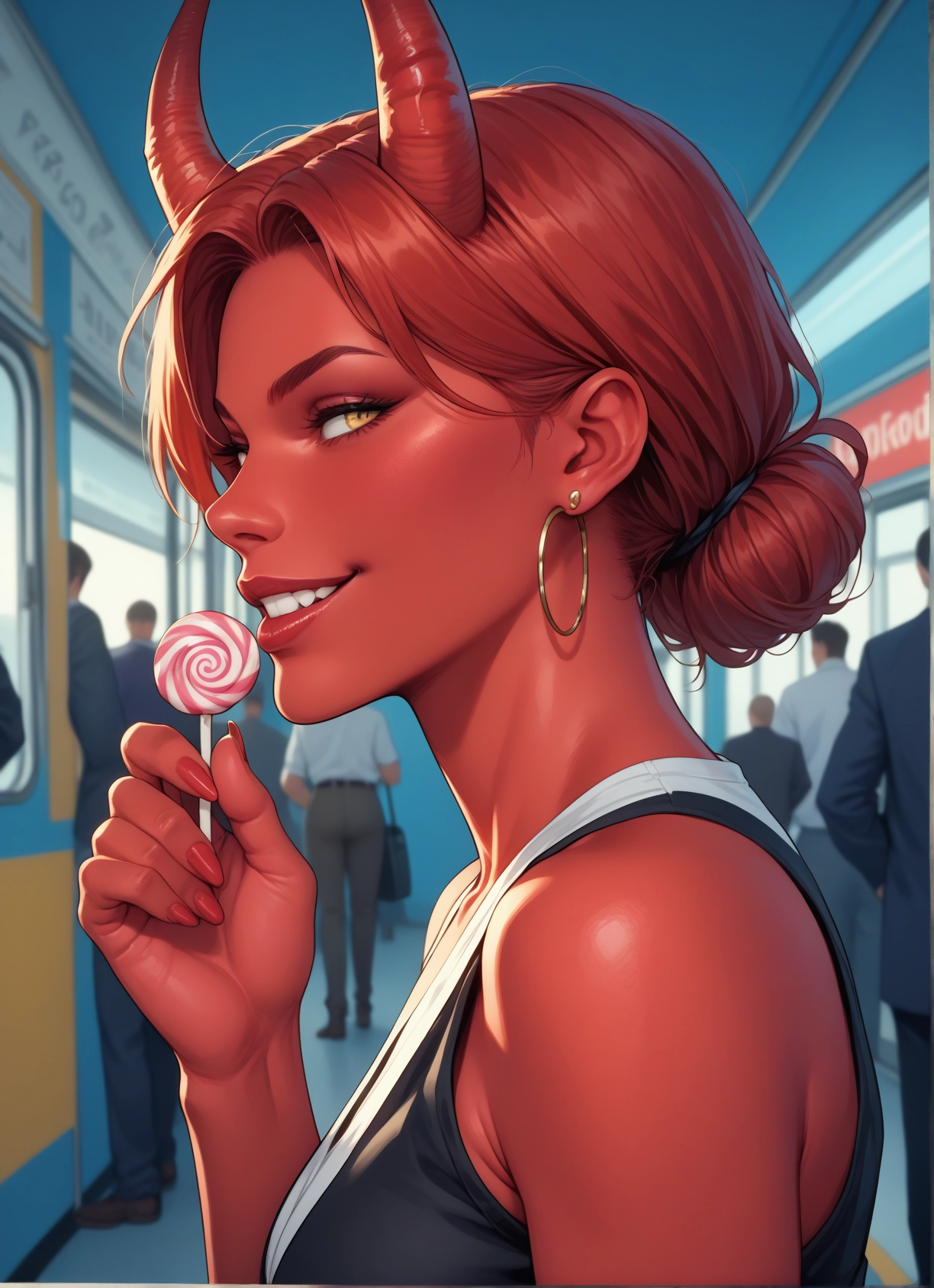 horns, food, candy, jewelry, earrings, 1girl · Yamete.gg