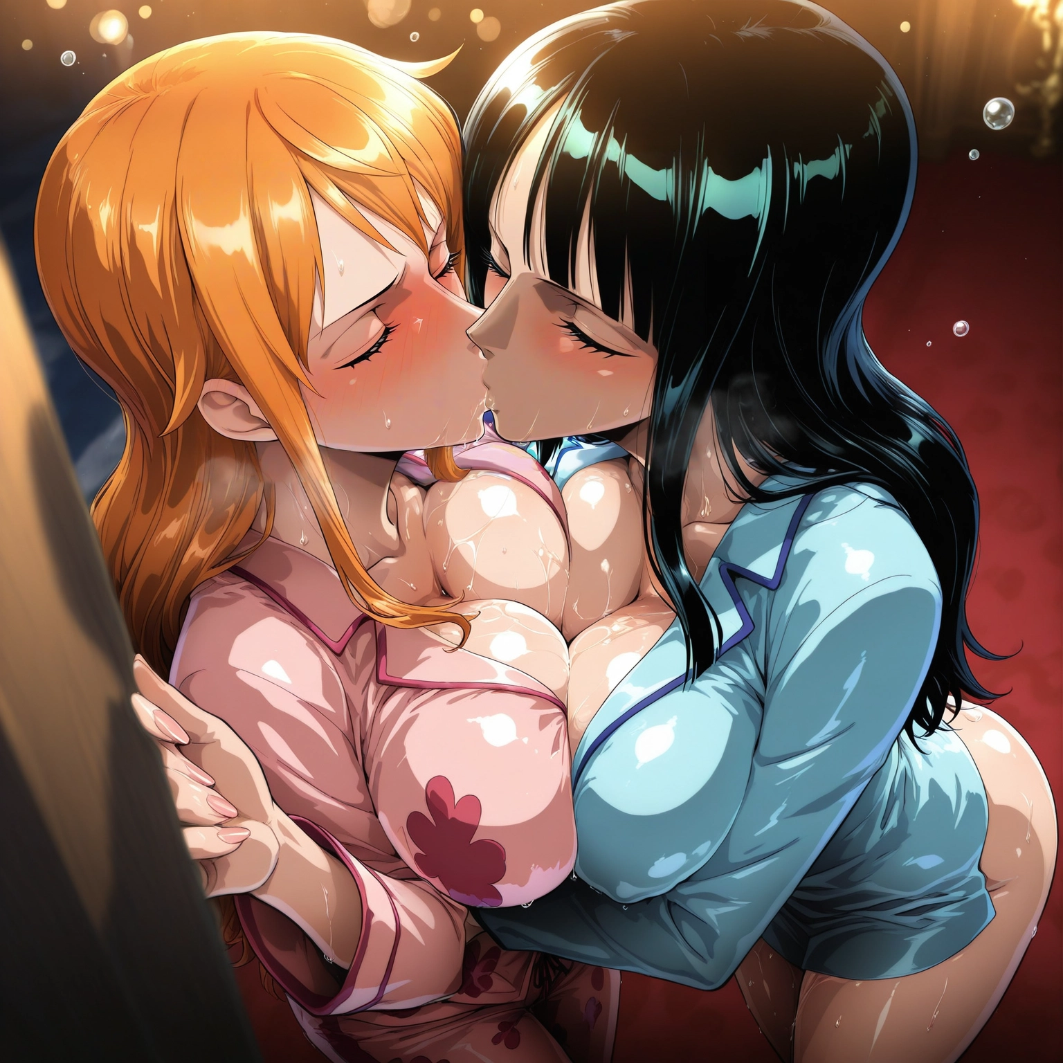 multiple girls, breasts, 2girls, yuri, kiss, closed eyes · Yamete.gg