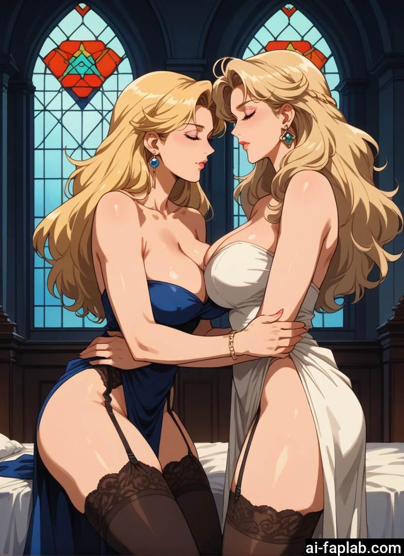 multiple girls, breasts, 2girls, blonde hair, jewelry, thighhighs · Yamete.gg
