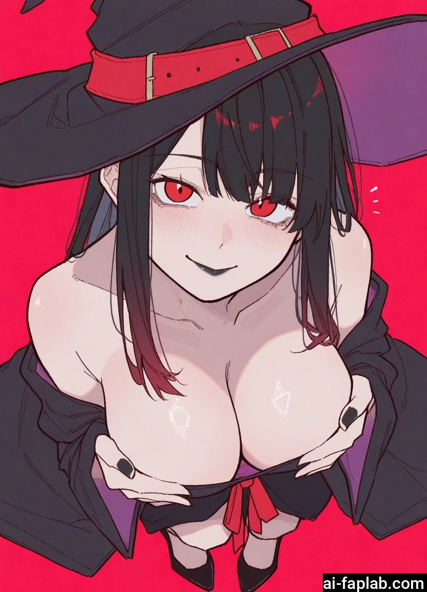 1girl, breasts, hat, witch hat, red eyes, large breasts