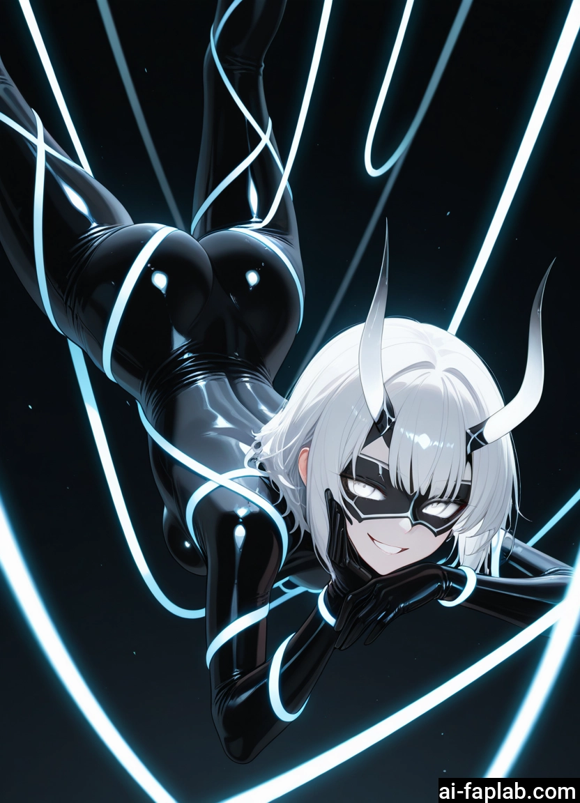 1girl, ass, bodysuit, mask, horns, solo