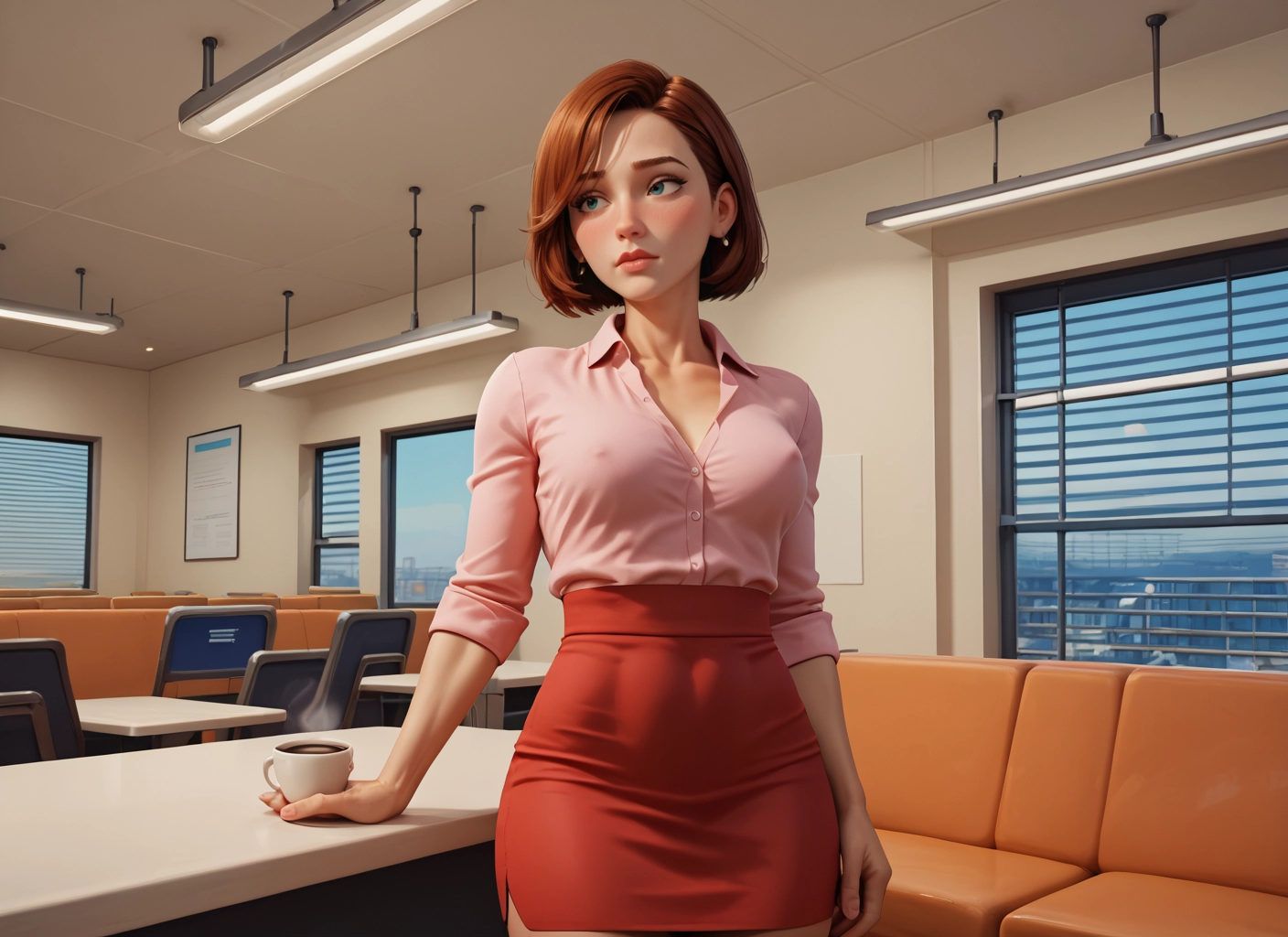1girl, skirt, cup, solo, brown hair, jewelry · Yamete.gg