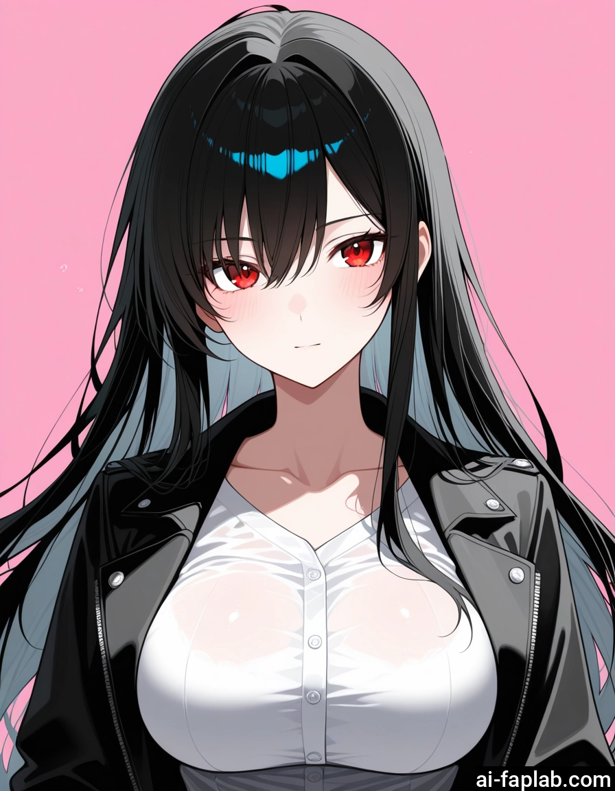 1girl, red eyes, breasts, long hair, solo, black hair